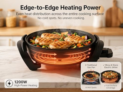Moss & Stone Round Electric Skillet with Lid – 12x12 Inch Aluminum Nonstick Electric Frying Pan 5Qt, Adjustable Temperature Control, Vented Glass Lid, Dishwasher Safe, Heat-Resistant Handles