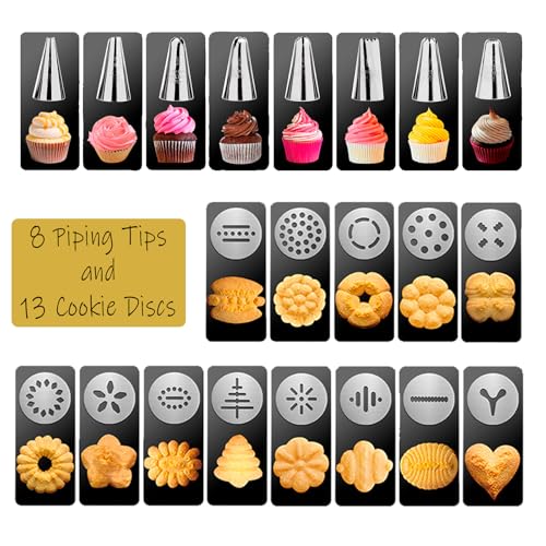 Stainless Steel Cookies Press,Cookie Press Gun Kit with 13 Cookie Discs and 8 Piping Tips, Gift for Women, Christmas Festival Biscuit Maker