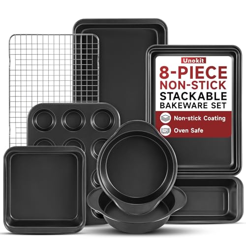 Unokit 8-Piece Nonstick Baking Pans Set - Stainless Steel Bakeware Set Stackable Trays with Cookie Sheets, Cake, Loaf, Round & Square Pan and Cooling Rack, Dishwasher & Oven Safe
