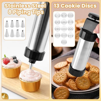 Stainless Steel Cookie Press Kit – 13 Discs & 8 Tips: Easy Shaping & Decor for Baking, Perfect for DIY Cookies/Cakes – Time-Saving for Home Bakers & Dessert Lovers