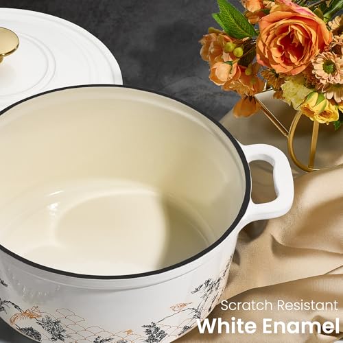 CAROTE Cast Iron Dutch Oven Pot with Lid, 5QT Enameled Floral Dutch Ovens with Gift Box, Cast Iron Pot for Sourdough Bread Baking, Braising, Stews, Roasting, All Stovetop Compatible, Oven Safe, White