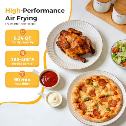 NEWBULIG Air Fryer 6.34QT Airfryer with Visible Window 400℉ Fast Heating Stainless Steel Air Fryers Oven with Nonstick and Dishwasher-Safe Basket 8-in-1 Cooking Preset with Timer Auto-Off