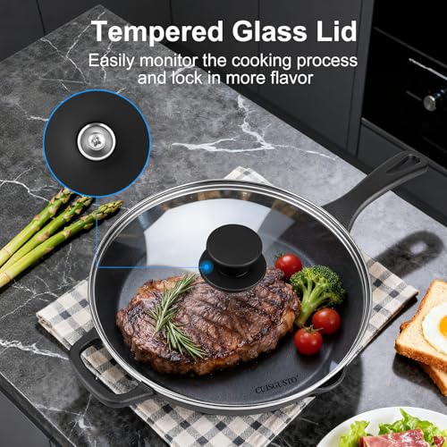 CUISGUSTO 8 Inch Cast Iron Skillet with Tempered Glass Lid, Pre-Seasoned, Even Heat Distribution, Silicone Handle Cover & Pan Scraper, Ideal for Breakfast & Everyday Cooking