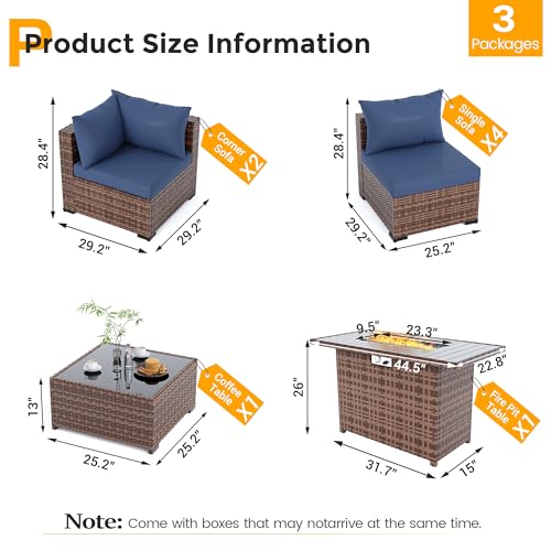 UDPATIO Furniture Set with Fire Pit Table, 8 Piece Sectional Sofas, All-Weather Wicker Conversation for Garden, Backyard, Navy Blue