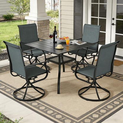 SUNCROWN 5-Piece Outdoor Patio Dining Set, All Weather Square Metal Table & 4 Dark Gray Swivel Textilene Mesh Chairs, Weather Resistant Patio Furniture for Deck Lawn Garden Backyard Poolside