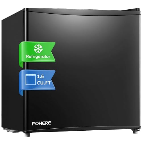 FOHERE Mini Fridge with Freezer, 1.6 Cu.ft Compact Small Drinks Refrigerator for Bedroom Single Door, Energy Saving 7-Level Adjustable Thermostat Dorm Fridge, for Apartment, Black