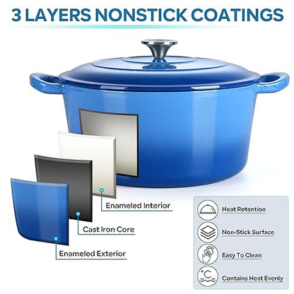 Herogo 6 QT Enameled Cast Iron Round Dutch Oven Pot with Dual Handles, Lid & Silicone Trivet Mat, for Bread Baking Stewing Roasting, Nonstick & Easy Cleanup, Safe for Various Stovetops-Blue