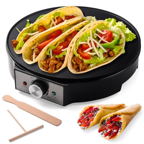 UVFAST Electric Crepe Maker 12'' & Griddle - Non-Stick Pan With Spreader for Roti, Tortilla, Blintzes, Pancakes - Adjustable Temperature, 1000W