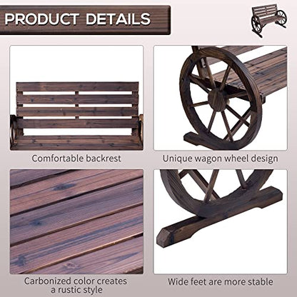 Outsunny 41" Wooden Wagon Wheel Bench, Rustic Outdoor Patio Bench Weather Resistance Furniture, 2-Person Slatted Seat with Backrest, Carbonized