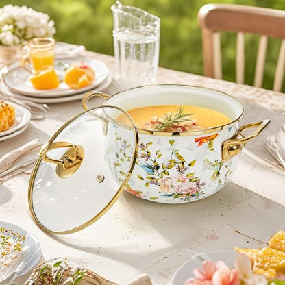 SOUJOY 2.8 Quart Enamel Stockpot with Glass Lid, Vintage Floral Soup Pot, Non-Stick Bean Stew Simmer Pot with Handle for Kitchen, Induction & Gas Stove Safe, Mother's Day, Wedding, Christmas Gift