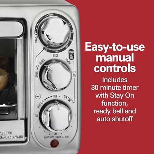 Hamilton Beach 4-Slice Toaster Oven with 5 Cooking Modes (Bake, Broil, Keep Warm Toast & Bagel) with Stay On & Auto Shutoff, 2 Rack Positions, 1100 Watts and 3 Accessories, Stainless Steel (31143)