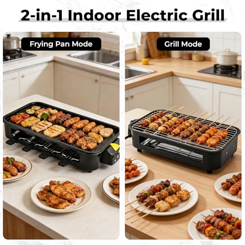 Pukomc Electric Indoor Grill,2 in 1 Indoor Grills for Kitchen with Grill Net & Non-Stick Cooking Removable Plate, Temperature Control, Dishwasher Safe, 1800W Large Smokeless Griddle Black
