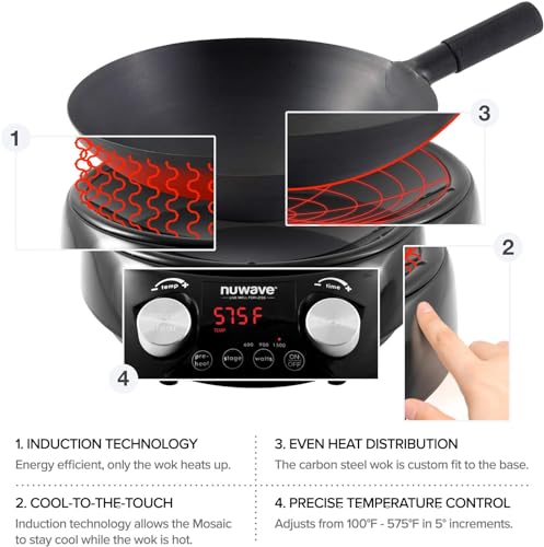 Nuwave Induction Wok, 3 Wattages 600, 900 & 1500, Precise Temp Controls from 100°F to 575°F in 5°F, Infuse Complex Charred Aroma & Flavor, Authentic 14-inch Carbon Steel Wok Included, Wok Hei