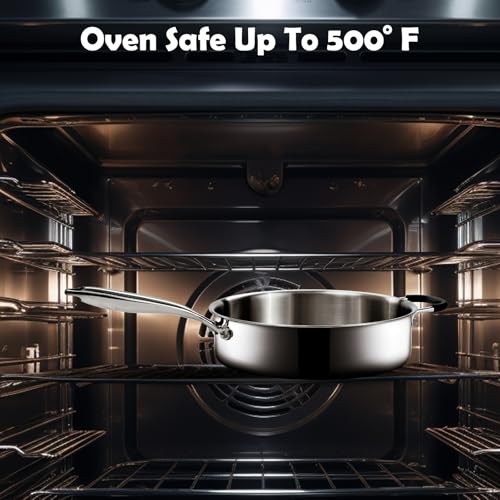 SLOTTET Tri-Ply Stainless Steel Saute Pan with Lid, 5 Quart Deep Sauté Pan with Stay Cool Handle,11.5 Inch Frying Pan,Dishwasher and Oven Safe,Induction Stainless Steel Cookware
