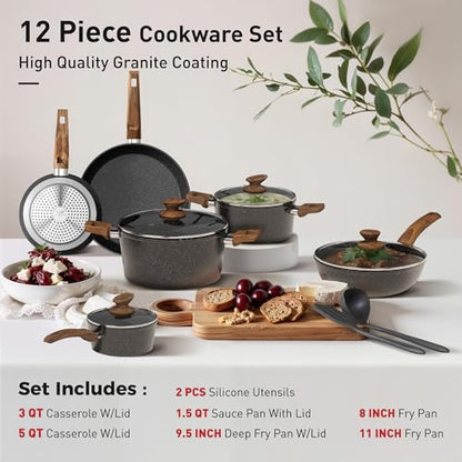 DishDelight Induction Pots and Pans Set Non Stick, 12 Piece Granite Kitchen Cookware Sets, Cooking Pot Set Nonstick Non Toxic, PFOA&PFOS Free, Black
