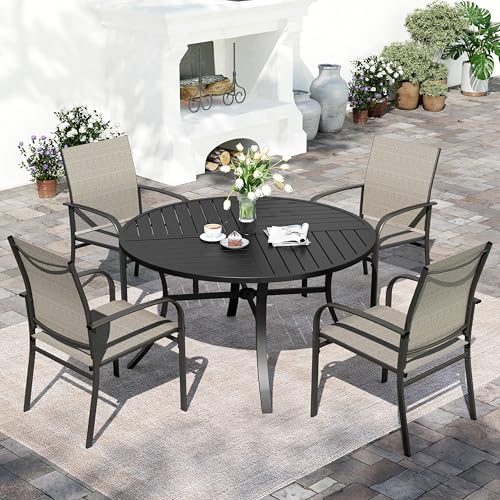 SUNSHINE VALLEY 5 Piece Patio Dining Set for 4, 42" x 42" Round Metal Table with Umbrella Hole and 4 Brown Chairs, Outdoor Table and Chairs Set for Lawn Backyard and Deck