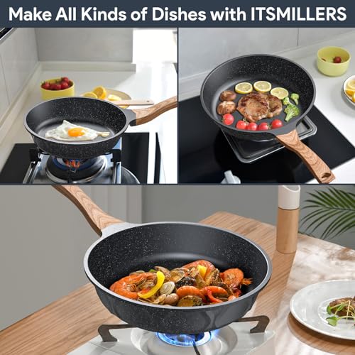 ITSMILLERS Kitchen Nonstick Cookware 3 Piece Omelette Pan Skillet Set, Nonstick Die-cast Deep Frying Pans set with Induction Bottom, 8, 9.5 & 11 Inches Frying Pans with Stay Cool Handles, PFOA Free