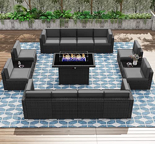 KHOLH Patio Furniture Set with Fire Pit Table, 15 Pieces Outdoor All-Weather Wicker Conversation Sectional Chair Sofa Set
