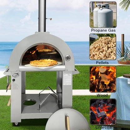 32.5" Dual Fuel Pizza Oven - Wood Fired or Propane Gas Fueled, Large Outdoor Oven with 4 Casters, 8 pcs Pizza Stones for BBQ, Grilling, 430 Stainless Steel Pizza Oven for Backyard, Camping and Party