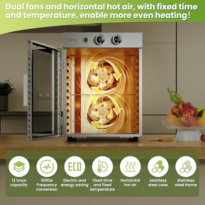 Food Dehydrators Machine with 12 Stainless Steel Trays with Timer Setting Temperature Adjusted 68 ℉ to 194 ℉ Dryer for Herb Fruit Meat Vegetables Mushroom Beef jerky for Commercial Household large