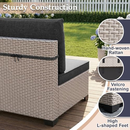 SnugVista Patio Furniture Set, 14-Piece Outdoor Sectional Sofa with 2-Layer Glass Coffee Table, Wicker Patio Conversation Set with Black Cushions for Backyard, Poolside, Porch