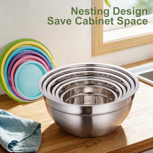 Xyingshine Stainless Steel Mixing Bowls with Lids Set, 6 Nesting Kitchen Bowls 0.7-4 QT, Metal Mixing Bowls with 3 Grater Attachments, Dishwasher Safe for Prep, Mixing, Serving & Storage