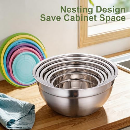 Xyingshine Stainless Steel Mixing Bowls with Lids Set, 6 Nesting Kitchen Bowls 0.7-4 QT, Metal Mixing Bowls with 3 Grater Attachments, Dishwasher Safe for Prep, Mixing, Serving & Storage