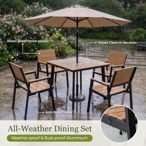 Greesum 5-Piece HDPE Outdoor Dining Set for 4, Faux Wood Table and Chairs