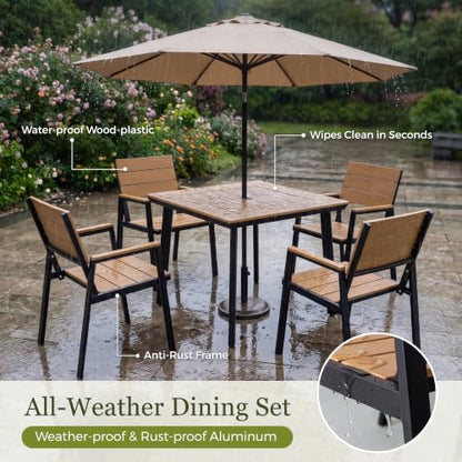 Greesum 5-Piece HDPE Outdoor Dining Set for 4, Faux Wood Table and Chairs