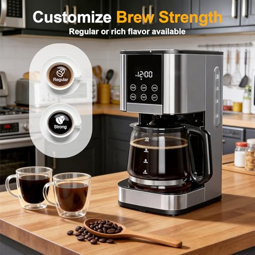 10 Cup Programmable Drip Coffee Maker, Adjustable Brew Strength, Pause & Serve, Heat Resistant Glass Carafe, Permanent Filter, Auto Shut Off, Stainless Steel, Compact Coffee Machine for Home Office