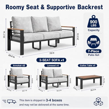 Relax Tree Aluminum Outdoor Patio Furniture, 5 Piece 7-Seat Conversation Set with 2 Chairs, Loveseat, 3-Seat Sofa and Coffee Table, Thick Cushions, Waterproof Covers, Gray