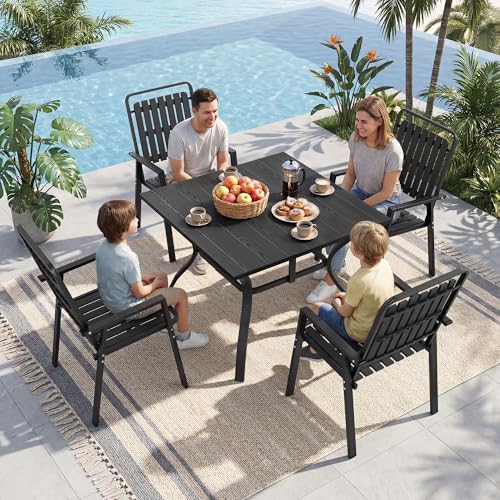 CHINNLUU 5 Piece Outdoor Dining Set 37.8'' Square Black Table and Chairs for 4, All Weather Patio Furniture Set with 1.97'' Umbrella Hole Metal Dining Set for Deck Backyard Pool