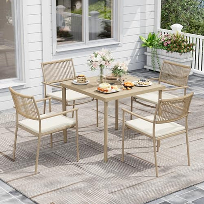 5-Piece Outdoor Dining Set for 4, Rectangle Expandable Table with Umbrella Hole, 4 Wicker Rattan Chairs with Soft Cushion,Patio Dining Set, Conversation Set for Backyard, Garden & Poolside, Beige