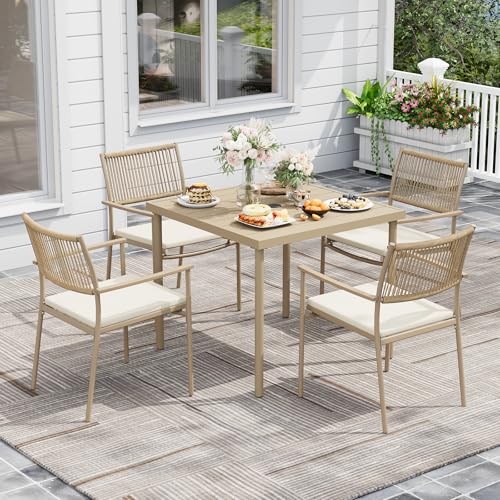5-Piece Outdoor Dining Set for 4, Rectangle Expandable Table with Umbrella Hole, 4 Wicker Rattan Chairs with Soft Cushion,Patio Dining Set, Conversation Set for Backyard, Garden & Poolside, Beige