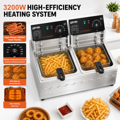 OSTBA Commercial Deep Fryer with Basket, 20.7QT Electric Deep Fryer, 3200W Stainless Steel Oil Fryer with Adjustable Temperature Control, Removable Oil Tank & Lid for Restaurant, Food Truck & Home