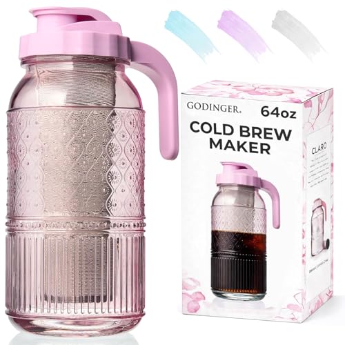 Cold Brew Coffee Maker 64 oz – Airtight Glass Mason Jar Pitcher Brewer with Leak-Proof Lid & Handle, Wide Mouth Iced Coffee Maker, Vintage Kitchen Decor - Blush
