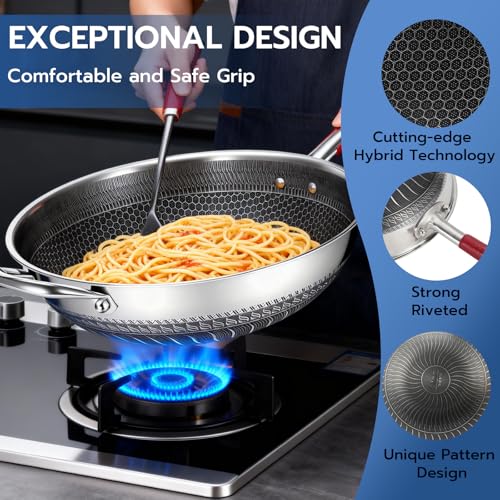 lake tian Wok pan, PFOA Free Cookware 14-Inch Wok, stick Stainless Steel Woks & Stir-fry pans Nonstick, for All Cooktops, Uncoated Craft Pot Healthy Cooking Pot