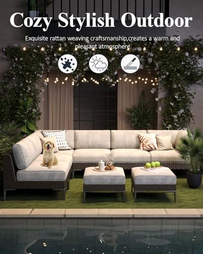LayinSun 8-Piece Wicker Rattan Patio Furniture Set, Deep Seating Outdoor Modular Sectional Sofa Conversation Set with Thick Cushions for Lawn, Garden