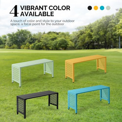 VINGLI 40in Outdoor Metal Bench, All-Weathe Backless Patio Bench with Slatted Seat＆Floral Side Panels, Rust-Resistant Garden Bench, Weatherproof Outdoor Seating for Porch Entryway Backyard (Blue)