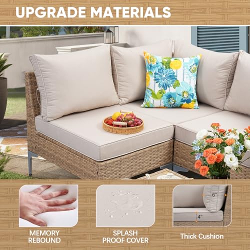 JOYURE 9 Piece Wicker Patio Furniture Set,Outdoor Conversation Sectional Sofa w/Coffee Table,All-Weather Outdoor Sofa with Thick and Anti-Slip Cushions for Deck,Poolside,Garden,Beige