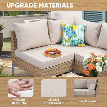 JOYURE 9 Piece Wicker Patio Furniture Set,Outdoor Conversation Sectional Sofa w/Coffee Table,All-Weather Outdoor Sofa with Thick and Anti-Slip Cushions for Deck,Poolside,Garden,Beige