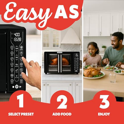 Gourmia French Door Air Fryer Toaster Oven – 6-Slice Capacity, FryForce 360°, Digital Display with 17 Cooking Presets, Black