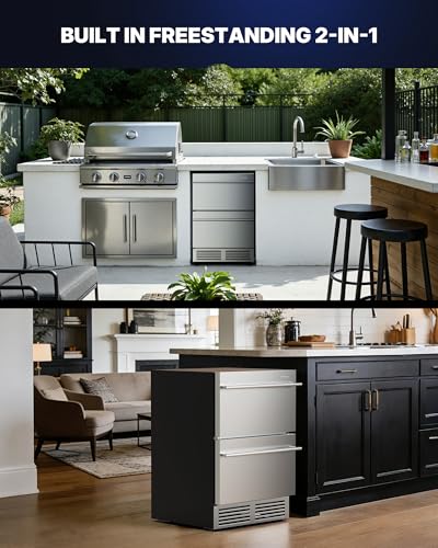 Upstreman 24 Inch Under Counter Double Drawer Refrigerator, Waterproof Stainless Steel Outdoor Refrigerator, Grid Organizers, LED Light, Built-in or Freestanding Beverage Fridge for Home/Patio -BR50D
