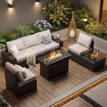 Aoxun Outdoor Patio Furniture Set with 44'' Fire Pit Table, 7 Pcs Outdoor Sectional with 4in Thicken Cushion, Widen Armrests Wicker for Backyard, Grey