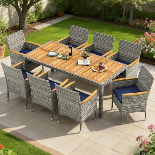 COSTWAY 9-Piece Patio Dining Set for 8, Outdoor Rattan Wicker Table and Chairs Furniture Set with Umbrella Hole, Acacia Wood Tabletop for Backyard, Balcony, Poolside, Grey & Navy