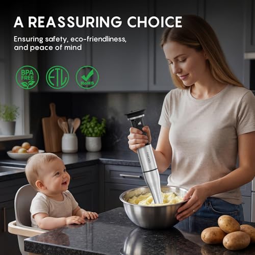 FRESKO Immersion Blenders Handheld, Variable Speed Trigger, 4-In-1 Stainless Steel Hand Blender with Food Chopper, Egg Whisk & 24oz Beaker, Stick Mixers for Baby Food, Soups, Smoothies, Sauce