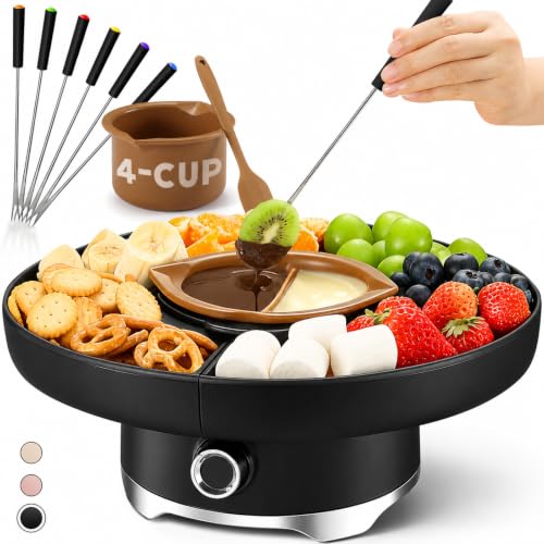 LUSHYUM Electric Chocolate Fondue Pot Set, 4-Cup Chocolate, Rotating Tray