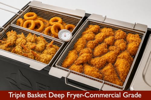 Triple Propane Deep Fryer-3 Basket Stainless Steel Cooker-8 Gal. Oil Capacity-32 QT.-Outdoor Fish Fry/Turkey/Chicken Wings Deep Fryer-148,000 BTU with Hose and Regulator-Ideal for Home & Commercial