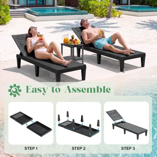 Outdoor Chaise Lounges, Patio Lounge Chair, Black Wood Grain, Set of 2