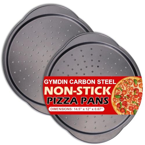 Gymdin Pizza Pan for Oven - 13" Round Pizza Pans with Holes(2 Pack), Non-stick Carbon Steel Pizza Trays with Handle, Easy to Clean & Oven Safe